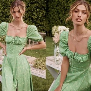 House Of Cb Tallulah Puff Sleeve Midi Dress Olive Floral Green Small